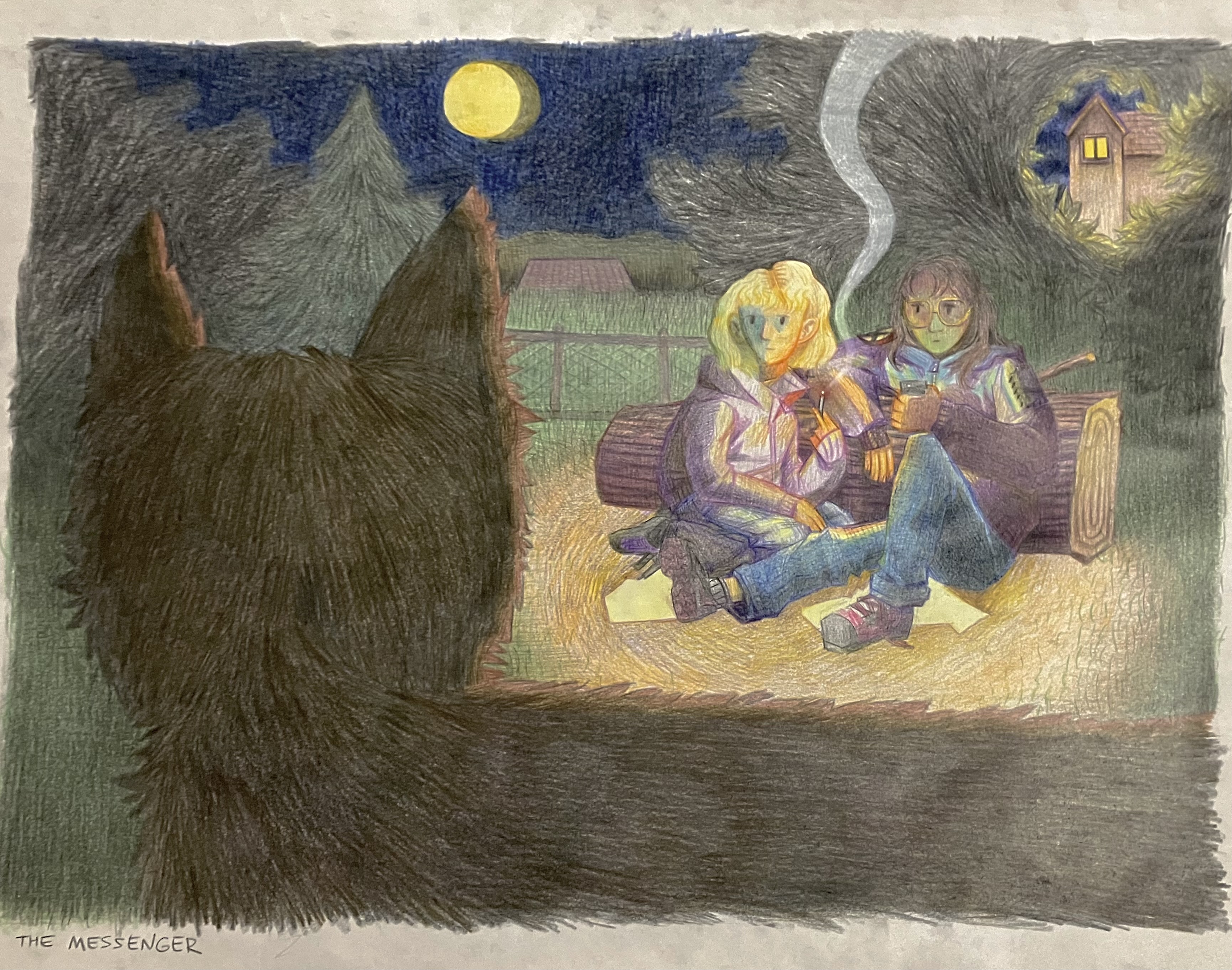 A colored pencil drawing of two people sitting against a log in the middle of the woods at night. One is holding a lit blunt and the other is holding a cell phone. They're making eye contact with a black cat. There are houses in the distance and a bright yellow moon that casts a spotlight on the figures.
